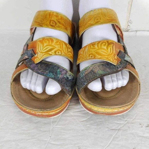 Spring Step Women's Ciro 39 US8-8,5 Leather Yellow Floral strappy Wedge sandals - Picture 5 of 13